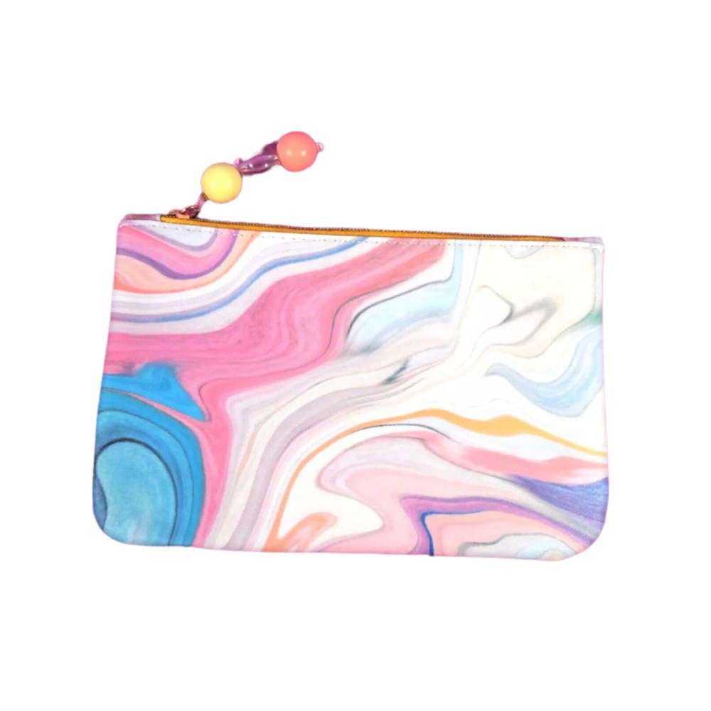 IPSY Pastel and Orange Makeup Bag with Beaded Zipper Pull - 5” x 7” NIP